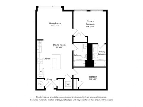 Floor plan for 2 beds, 2 baths, 956 sqft